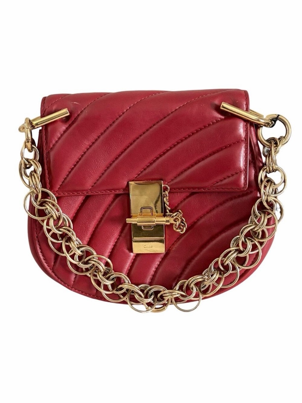 Chloe Mini Drew Bijou Red Quilted Leather Crossbody Bag w/ Chain Strap